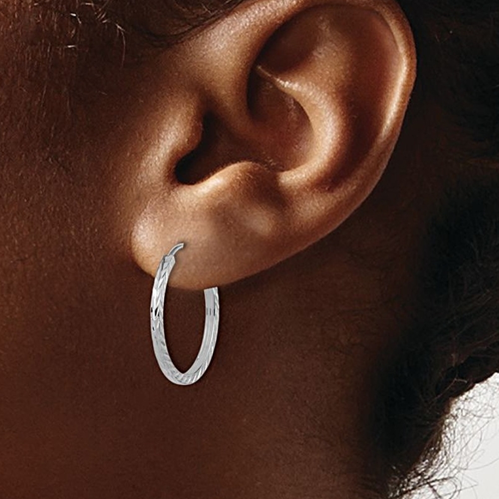 Cercei Creole Endless din Aur Alb 14K Tub Patrat, Taietura Diamant, 18 mm - 2 | YEO