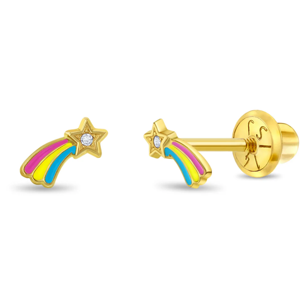 Cercei din Aur 14K pentru Bebelusi si Copii, model Stea Cazatoare cu Email, inchidere cu Filet si Protectie