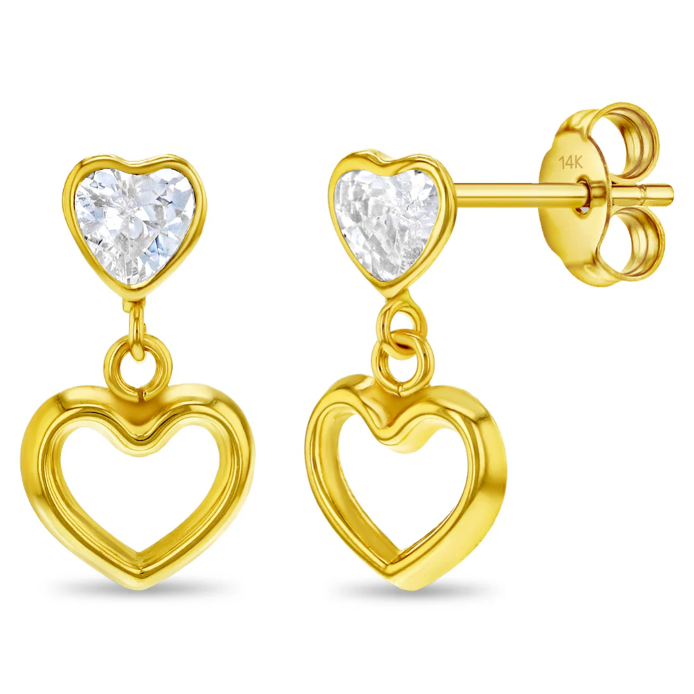 Cercei din Aur 14K pentru Adolescente, model Heart to Heart Dangle, inchidere cu Fluturas