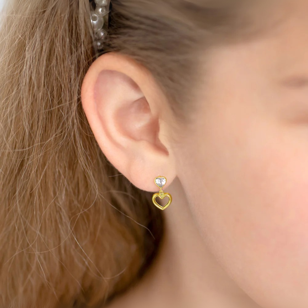 Cercei din Aur 14K pentru Adolescente, model Heart to Heart Dangle, inchidere cu Fluturas - 2 | YEO
