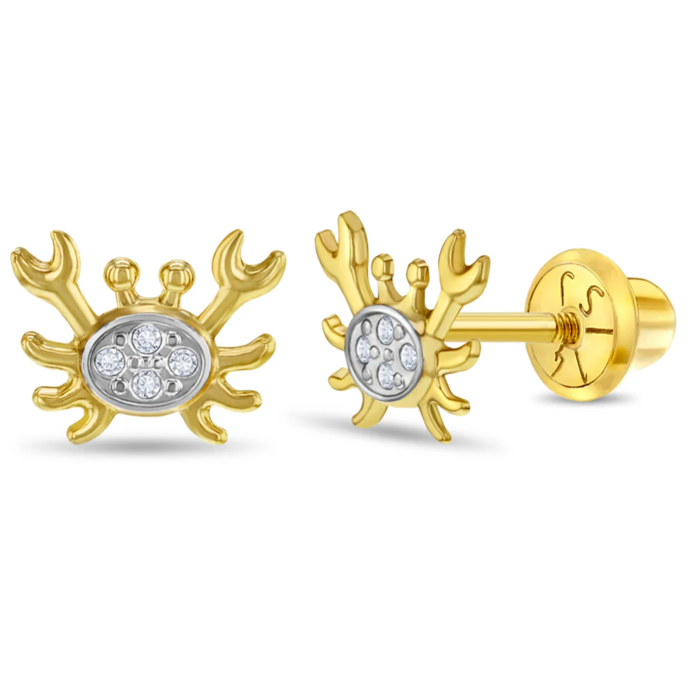 Cercei din Aur 14K in 2 culori pentru Bebelusi si Copii, model Crab Curios cu Pietre CZ albe, inchidere cu Filet si Protectie