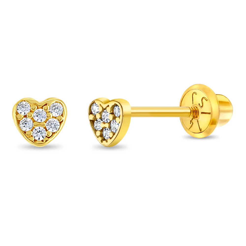 Cercei din Aur 14K pentru Nou Nascuti sau Bebelusi, model Inimioara cu Pietre CZ albe, montura Pave, inchidere cu Filet si Protectie