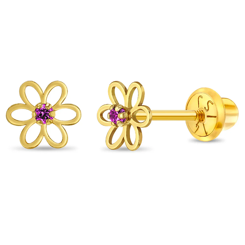 Cercei din Aur 14k in forma de Floare cu piatra CZ roz pentru Bebelusi, Copii Mici si Fetite, inchidere cu Filet si Protectie