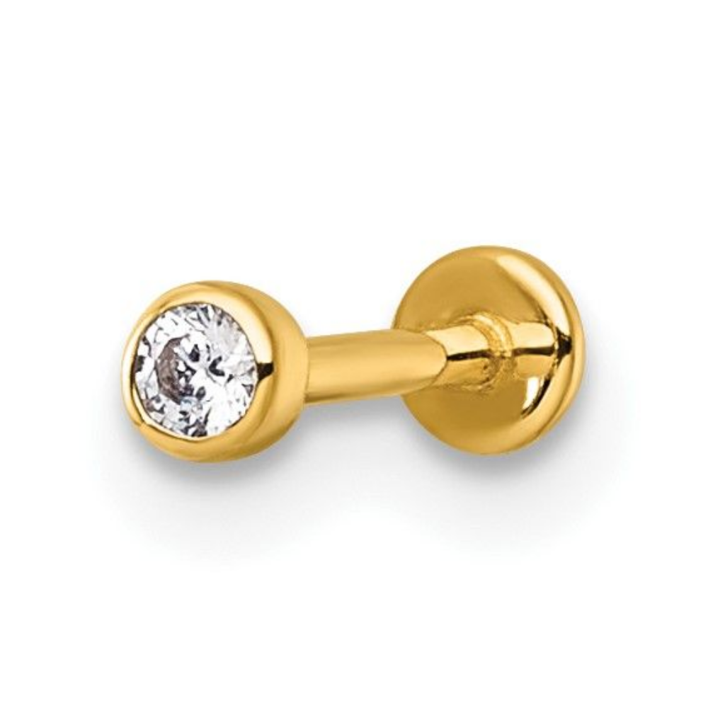 Piercing Labret din Aur 14K, cu Piatra CZ de 2.5mm, cu Prindere Filet Intern si Spate Plat, ideal pentru buza, tragus, helix