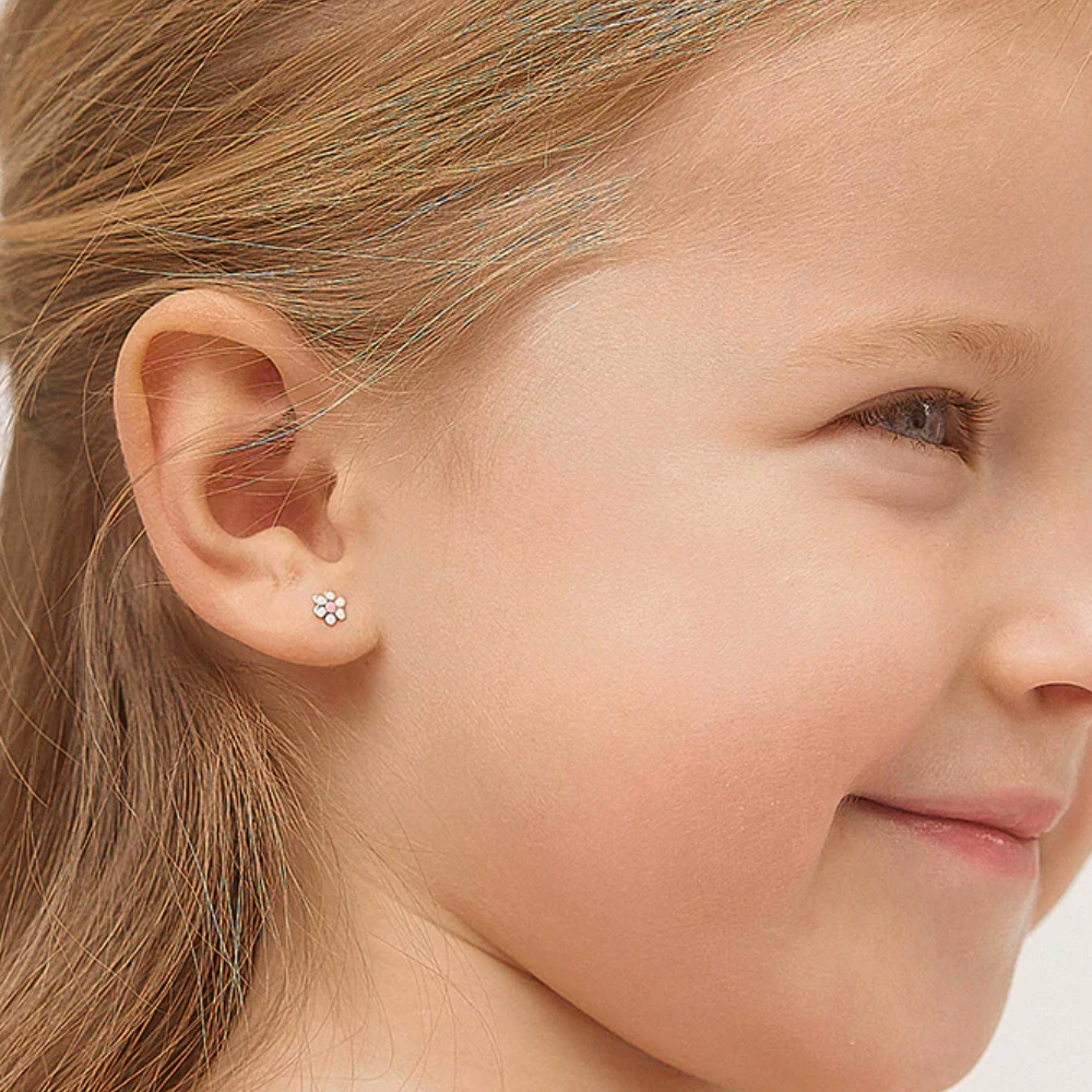 Cercei Copii din Aur 14K, model Daisy Floare Email, inchidere cu Filet si Protectie - 1 | YEO