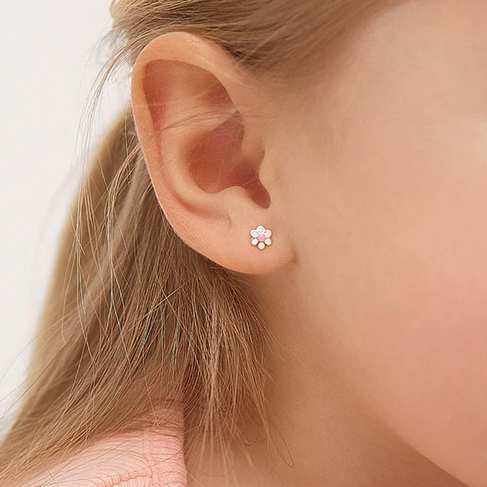 Cercei Copii din Aur 14K, model Daisy Floare Email, inchidere cu Filet si Protectie - 2 | YEO
