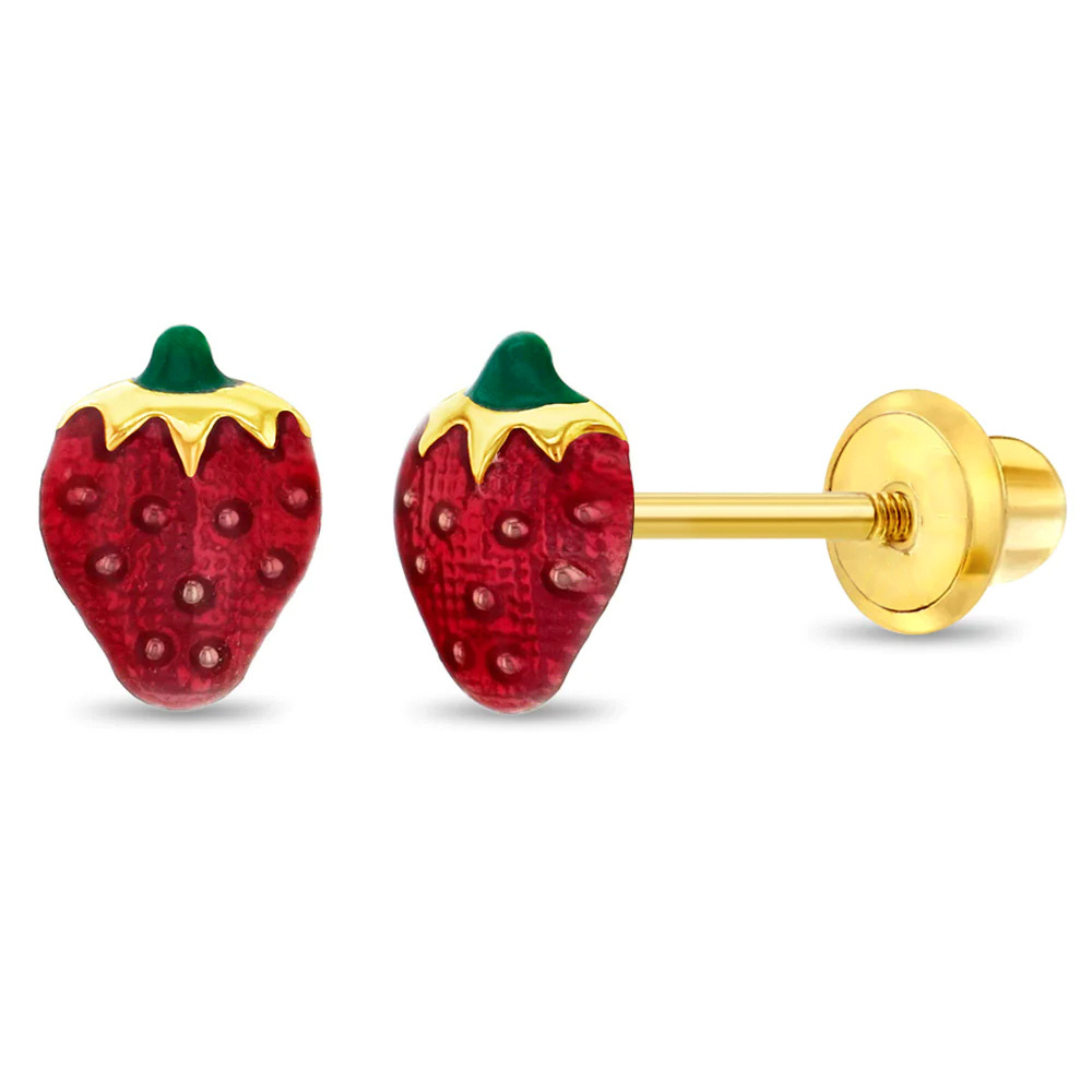 Cercei Copii Aur 14K, forma Capsuni Email, inchidere cu Filet si Protectie