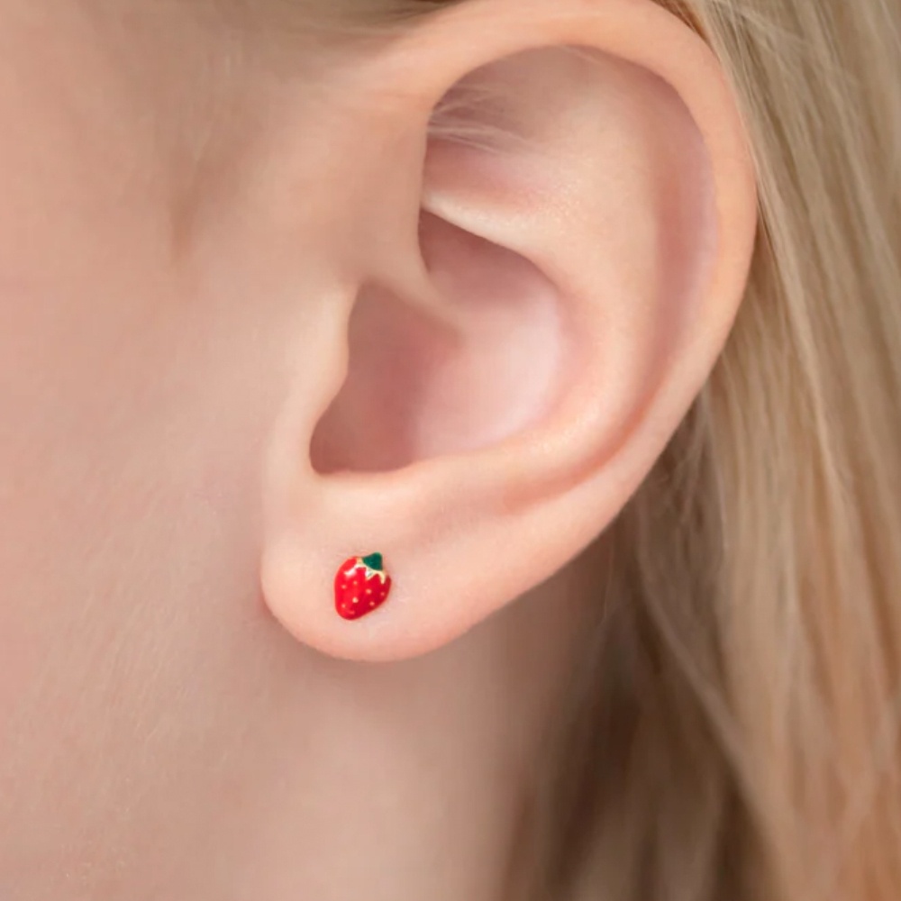 Cercei Copii Aur 14K, forma Capsuni Email, inchidere cu Filet si Protectie - 2 | YEO