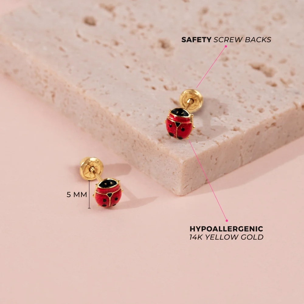 Cercei Copii din Aur 14K, model Buburuza, inchidere cu Filet si Protectie - 3 | YEO
