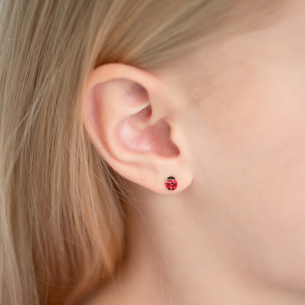 Cercei Copii din Aur 14K, model Buburuza, inchidere cu Filet si Protectie - 2 | YEO