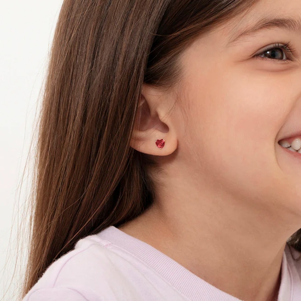 Cercei Aur 14K Copii, model Birthstone zi nastere ianuarie , forma Inima cu Piatra CZ Red - 1 | YEO