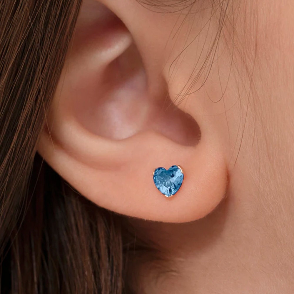 Cercei Aur 14K Copii, model Birthstone zi nastere martie , forma Inima cu Piatra CZ Light Blue - 2 | YEO