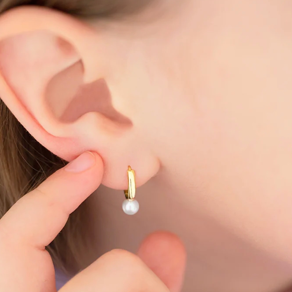 Cercei Creole cu Perla 4mm pentru Copii din Aur 14K - 2 | YEO