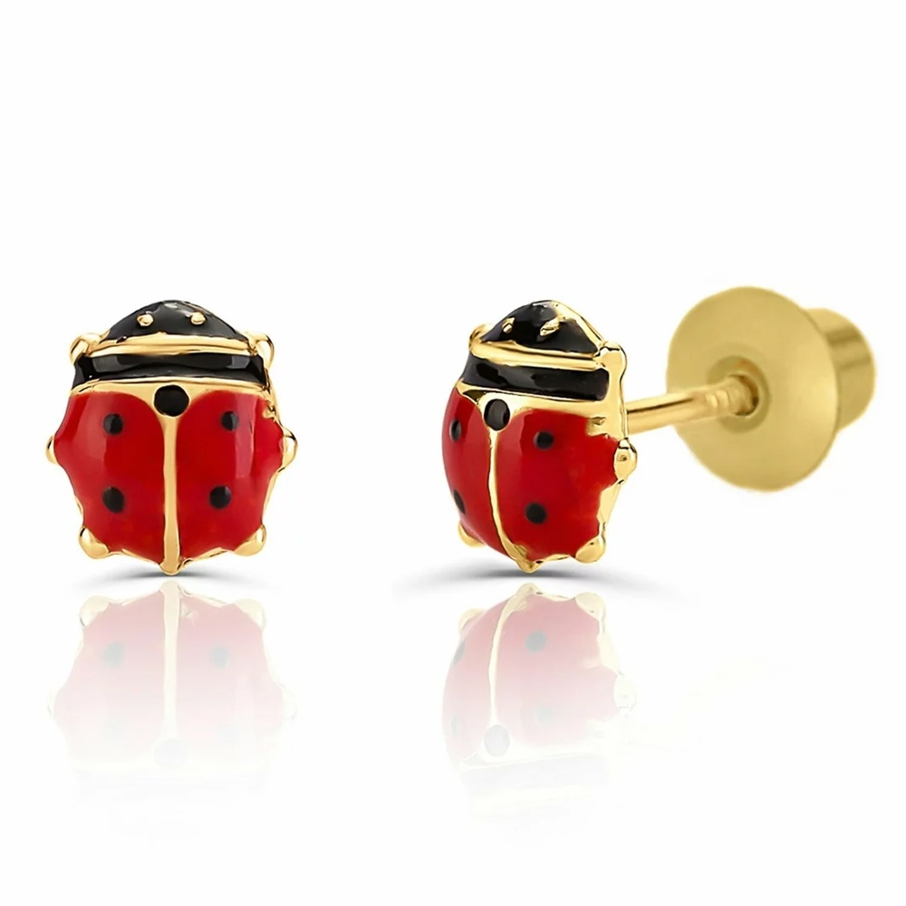 Cercei Copii din Aur 14K, model Buburuze Email, inchidere cu Filet si Protectie - 2 | YEO