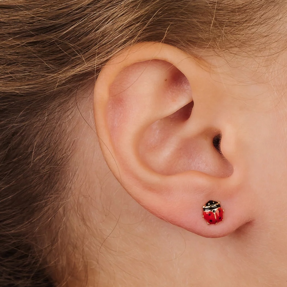 Cercei Copii din Aur 14K, model Buburuze Email, inchidere cu Filet si Protectie - 1 | YEO