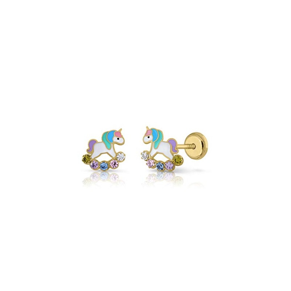 Cercei Copii din Aur 14K, model Unicorni Email cu Pietre CZ multicolor, inchidere cu Filet si Protectie