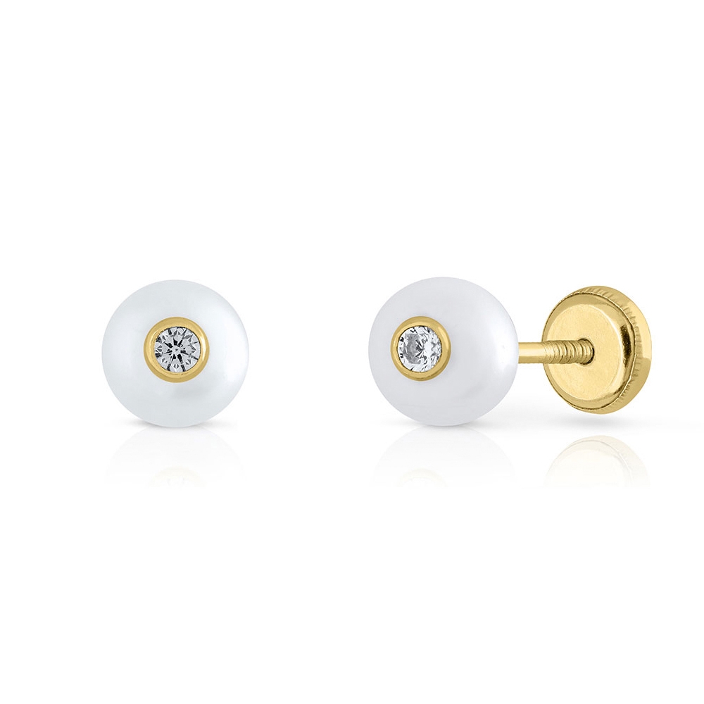 Cercei din Aur 14K, model Perla de Cultura 5mm si Piatra CZ alba, inchidere cu Filet si Protectie