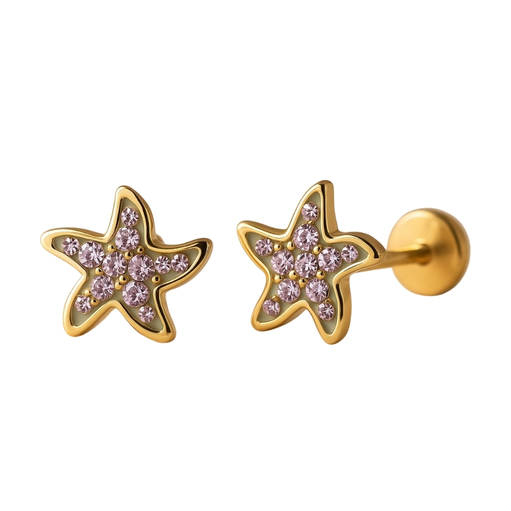 Cercei din Aur 14K pentru Copii, in forma de Stea cu Pietre Mov CZ Inchidere cu Filet si Protectie