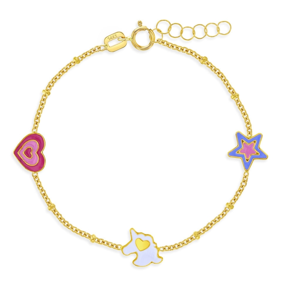 Bratara din Aur 14k cu Charm-uri Unicorn,Stea si Inima cu Email Colorat, pentru Bebelusi si Fetite