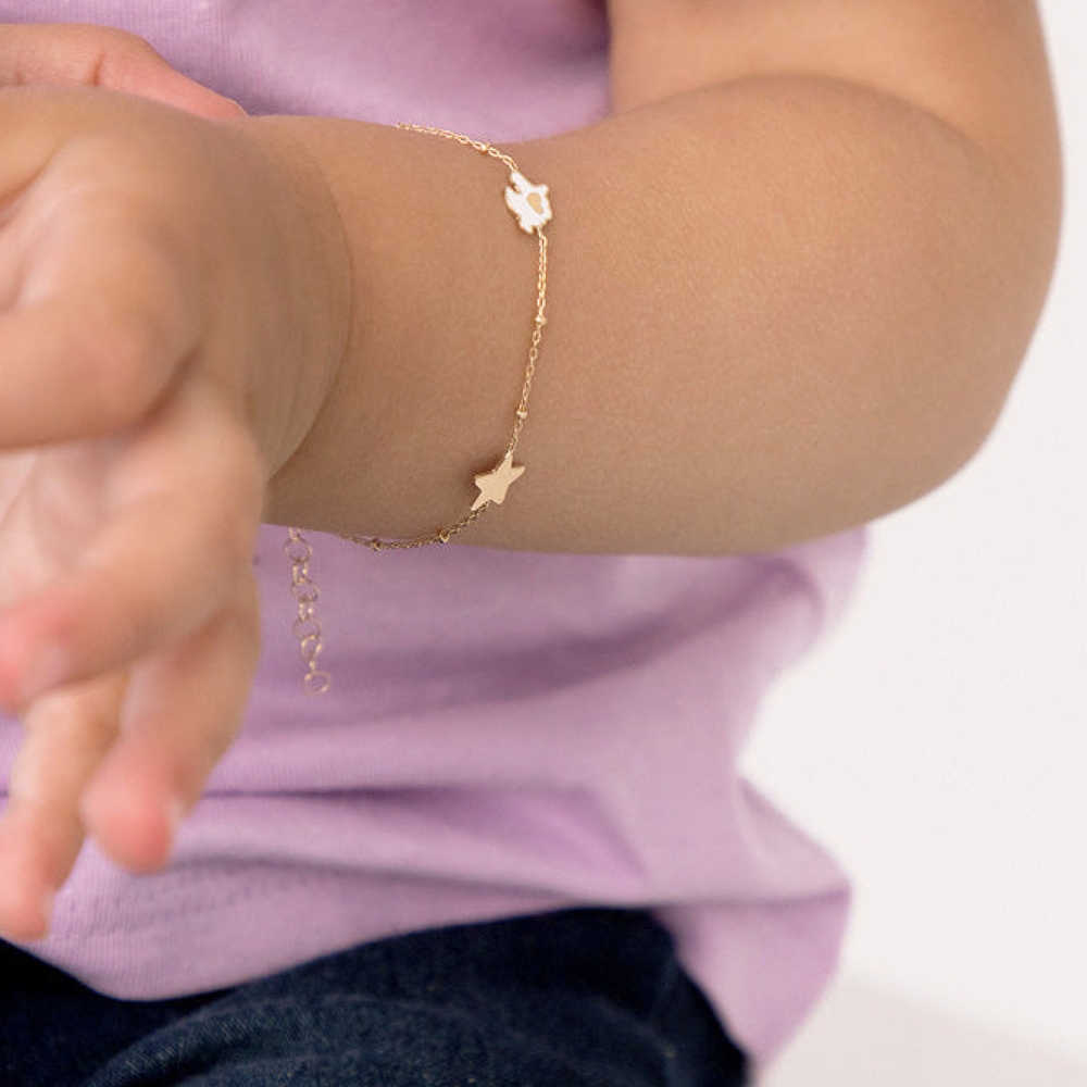 Bratara din Aur 14k cu Charm-uri Unicorn,Stea si Inima cu Email Colorat, pentru Bebelusi si Fetite - 1 | YEO