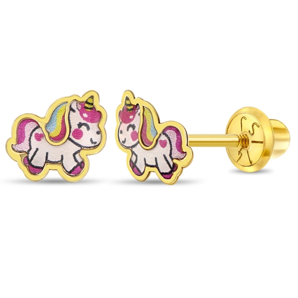 Cercei din Aur 14k in forma Unicorn cu Email Multicolor pentru Copii Inchidere Sigura cu Surub