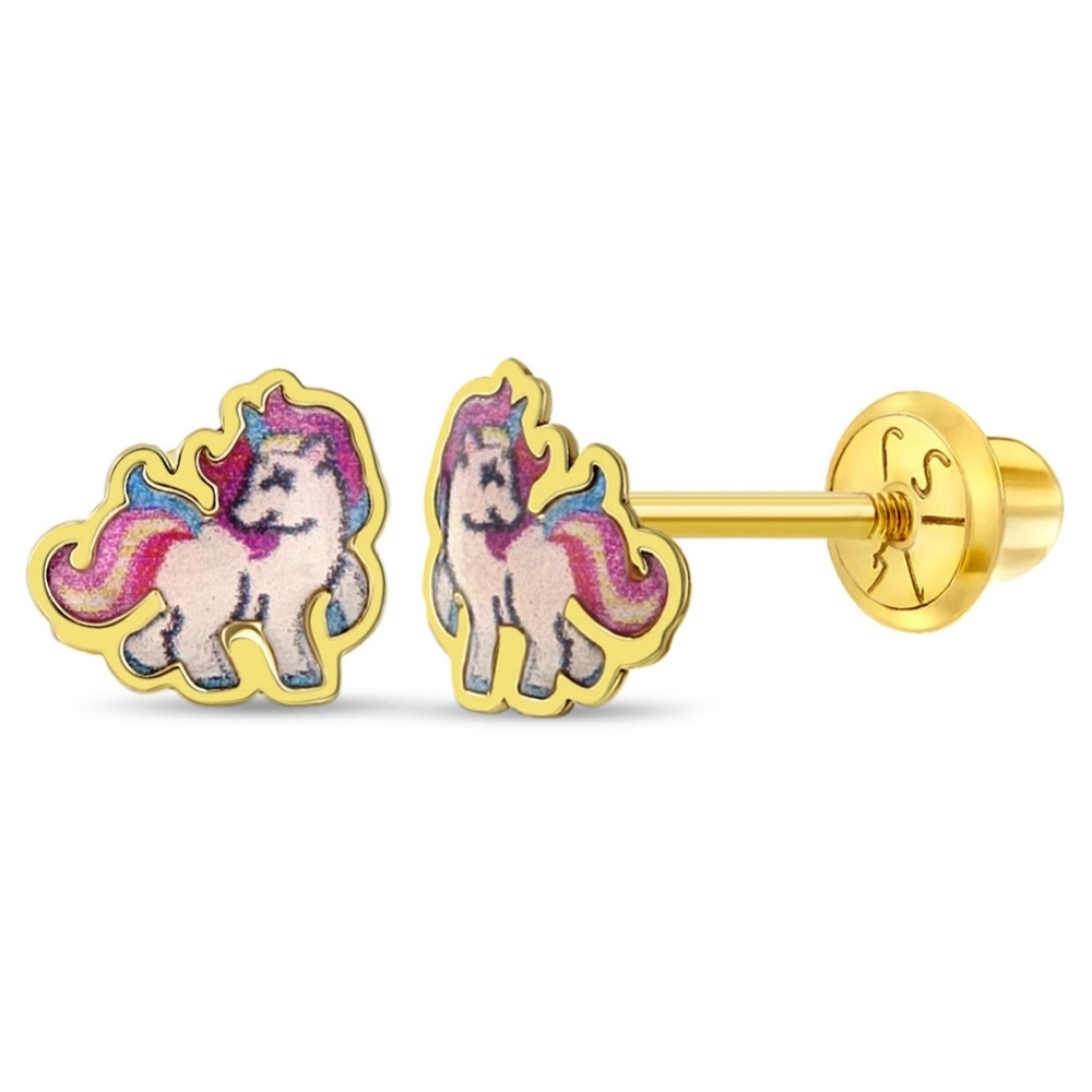 Cercei din Aur 14k Unicorn in Galop si Email Colorat Inchidere Sigura cu Surub