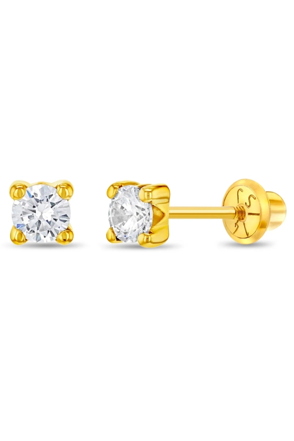 Cercei din Aur 14k cu Piatra Zirconiu Cubic Montat in 4 Gherute – Inchidere Sigura cu Surub