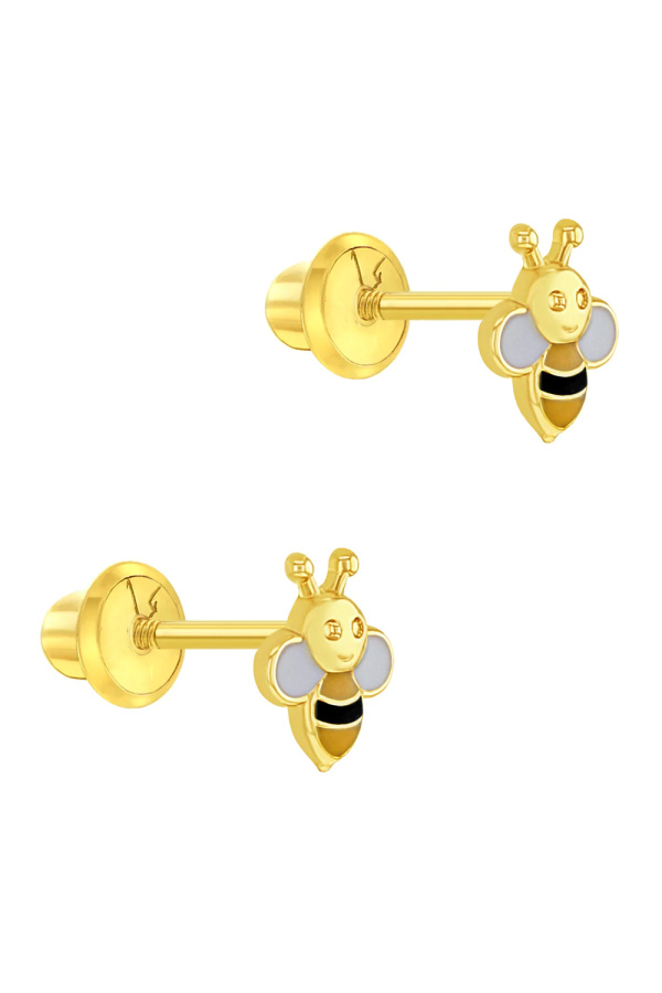 Cercei din Aur 14K pentru Bebelusi si Copii, model Albinute Email, inchidere cu Filet si Protectie