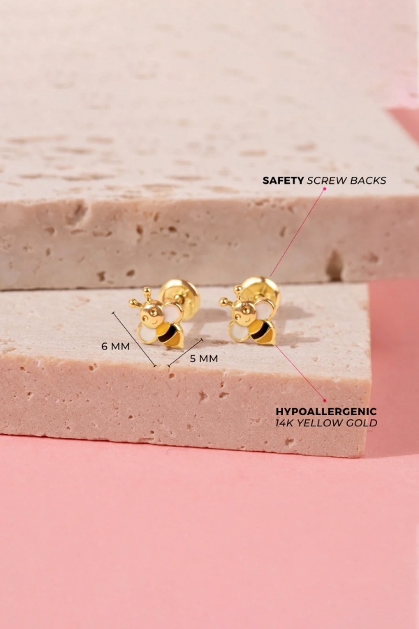 Cercei din Aur 14K pentru Bebelusi si Copii, model Albinute Email, inchidere cu Filet si Protectie
