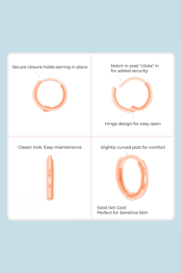 Cercei Huggie Clicker din Aur Roz 14K – 12mm, pentru Copii