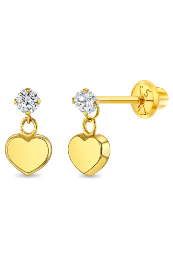 Cercei din Aur 14K pentru Bebelusi si Copii, model Heart Dangle, inchidere cu Filet si Protectie