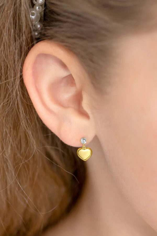 Cercei din Aur 14K pentru Bebelusi si Copii, model Heart Dangle, inchidere cu Filet si Protectie