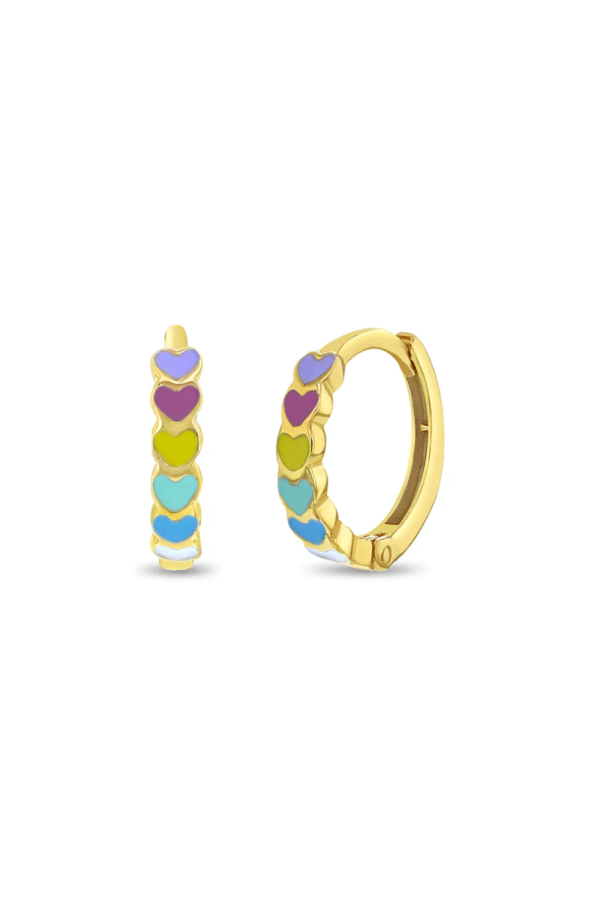 Cercei din Aur 14K pentru Copii si Adolescente, model Cascada Inimioare Multicolor, inchidere tortita