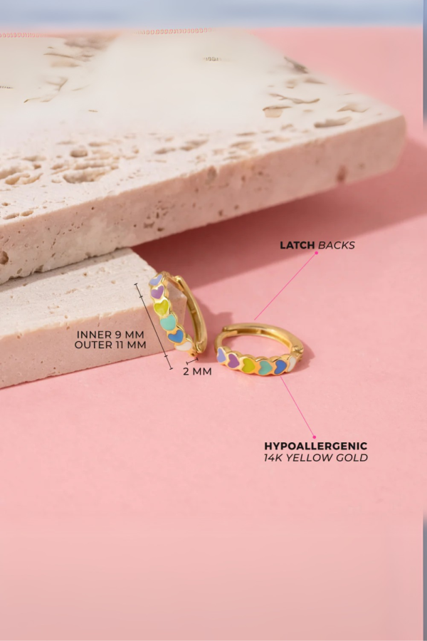 Cercei din Aur 14K pentru Copii si Adolescente, model Cascada Inimioare Multicolor, inchidere tortita