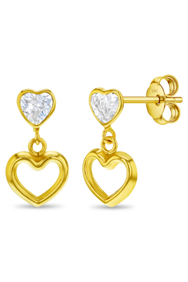 Cercei din Aur 14K pentru Adolescente, model Heart to Heart Dangle, inchidere cu Fluturas