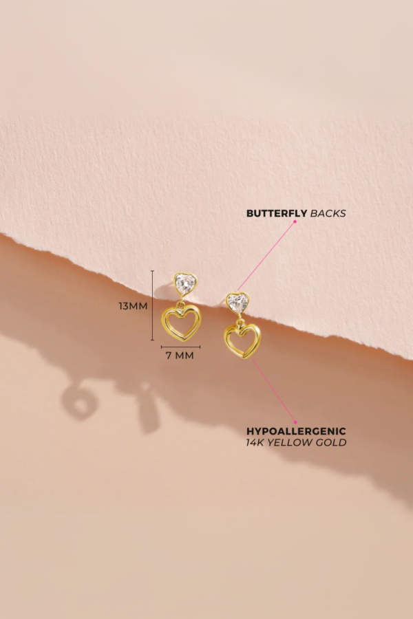 Cercei din Aur 14K pentru Adolescente, model Heart to Heart Dangle, inchidere cu Fluturas