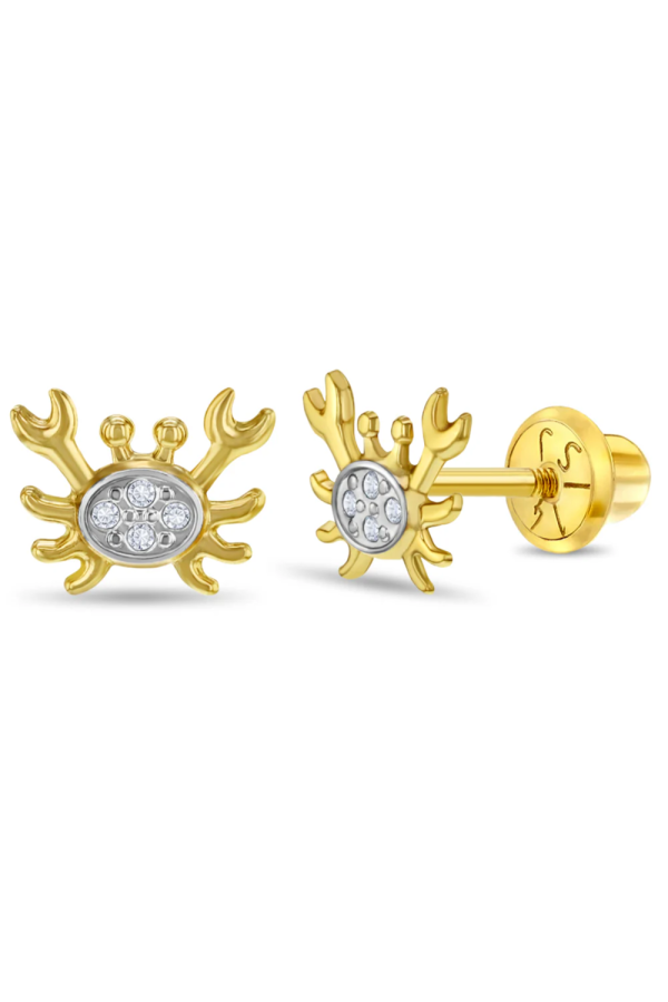 Cercei din Aur 14K in 2 culori pentru Bebelusi si Copii, model Crab Curios cu Pietre CZ albe, inchidere cu Filet si Protectie