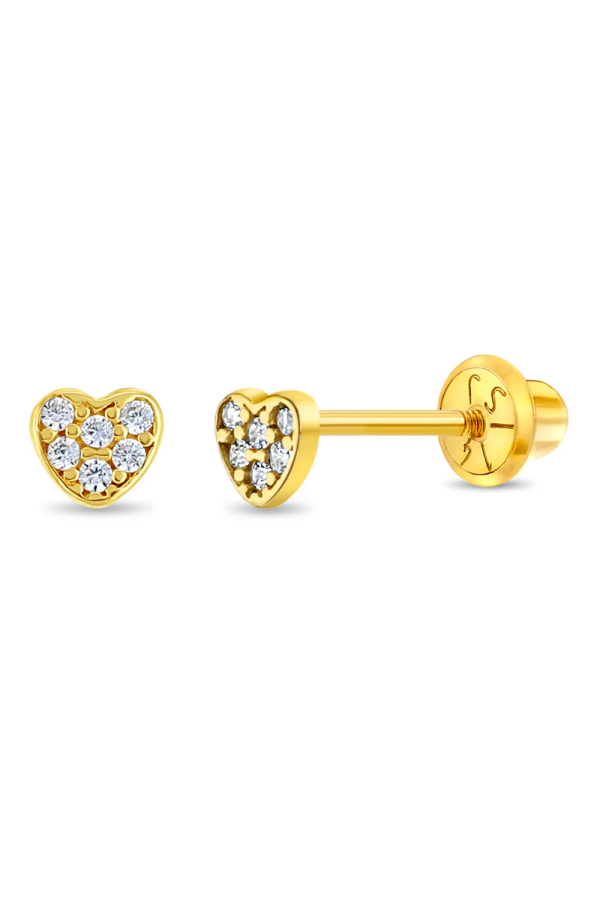 Cercei din Aur 14K pentru Nou Nascuti sau Bebelusi, model Inimioara cu Pietre CZ albe, montura Pave, inchidere cu Filet si Protectie