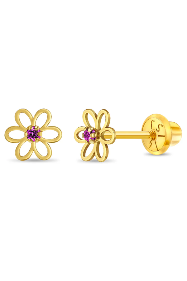 Cercei din Aur 14k in forma de Floare cu piatra CZ roz pentru Bebelusi, Copii Mici si Fetite, inchidere cu Filet si Protectie