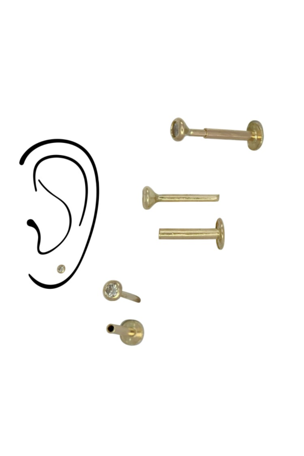Piercing Labret din Aur 14K, cu Piatra CZ de 2.5mm, cu Prindere Filet Intern si Spate Plat, ideal pentru buza, tragus, helix