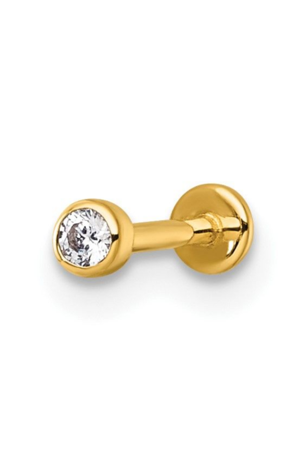 Piercing Labret din Aur 14K, cu Piatra CZ de 2.5mm, cu Prindere Filet Intern si Spate Plat, ideal pentru buza, tragus, helix
