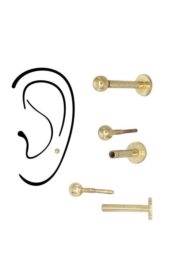 Piercing Labret din Aur 14K, model Bila 2mm, prindere Filet Intern si Spate Plat, ideal pentru buza, tragus, helix