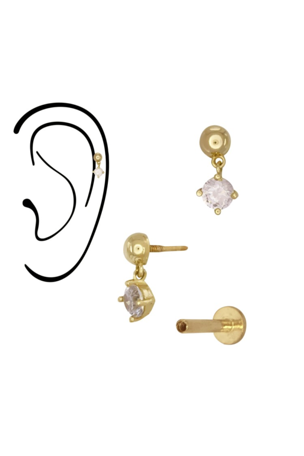 Piercing din Aur 14K, model Bila Semisfera 3mm cu Charm Mobil CZ, Filet Intern, Spate Plat