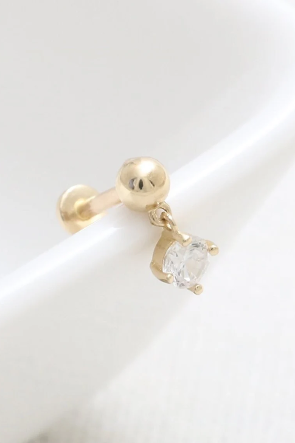 Piercing din Aur 14K, model Bila Semisfera 3mm cu Charm Mobil CZ, Filet Intern, Spate Plat