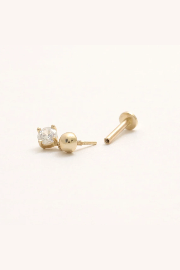 Piercing din Aur 14K, model Bila Semisfera 3mm cu Charm Mobil CZ, Filet Intern, Spate Plat