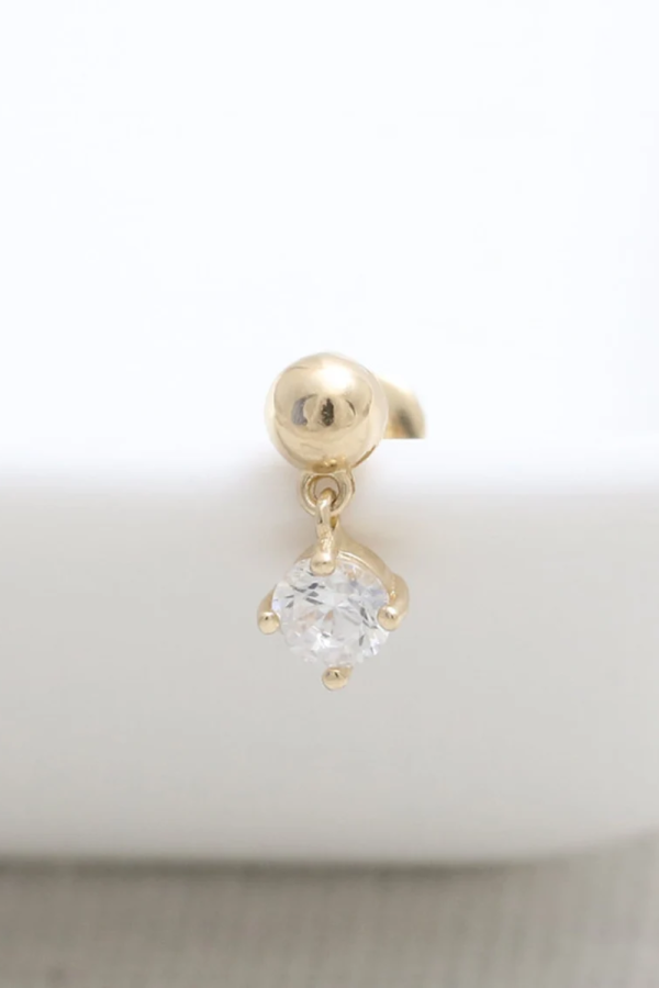 Piercing din Aur 14K, model Bila Semisfera 3mm cu Charm Mobil CZ, Filet Intern, Spate Plat