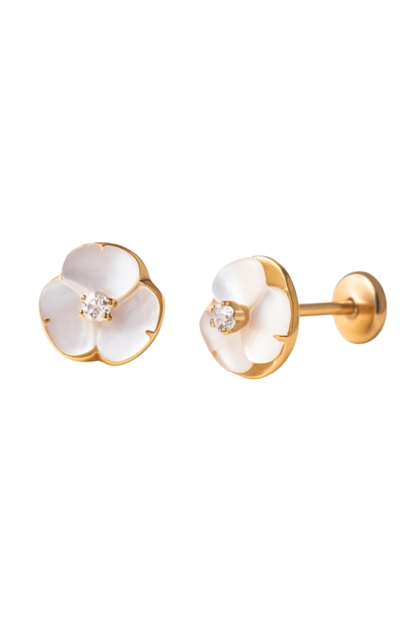 Cercei Copii din Aur 14K, model Floare Sidef Perla si piatra CZ alba, inchidere cu Filet si Protectie