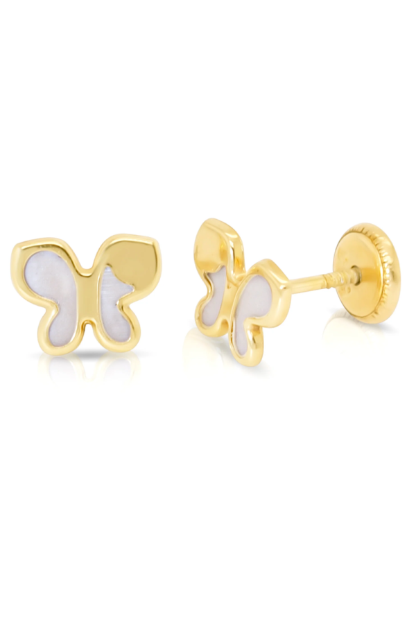Cercei Copii din Aur 14K, model Fluture cu Sidef Perla, inchidere cu Filet si Protectie