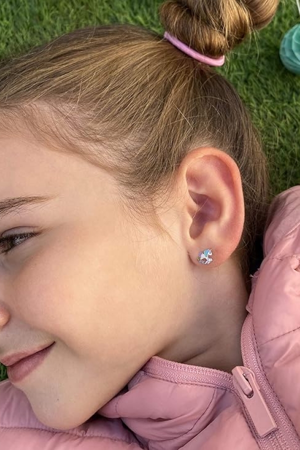 Cercei Copii din Aur 14K, model Unicorni Email cu Pietre CZ multicolor, inchidere cu Filet si Protectie