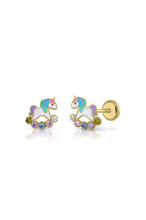 Cercei Copii din Aur 14K, model Unicorni Email cu Pietre CZ multicolor, inchidere cu Filet si Protectie